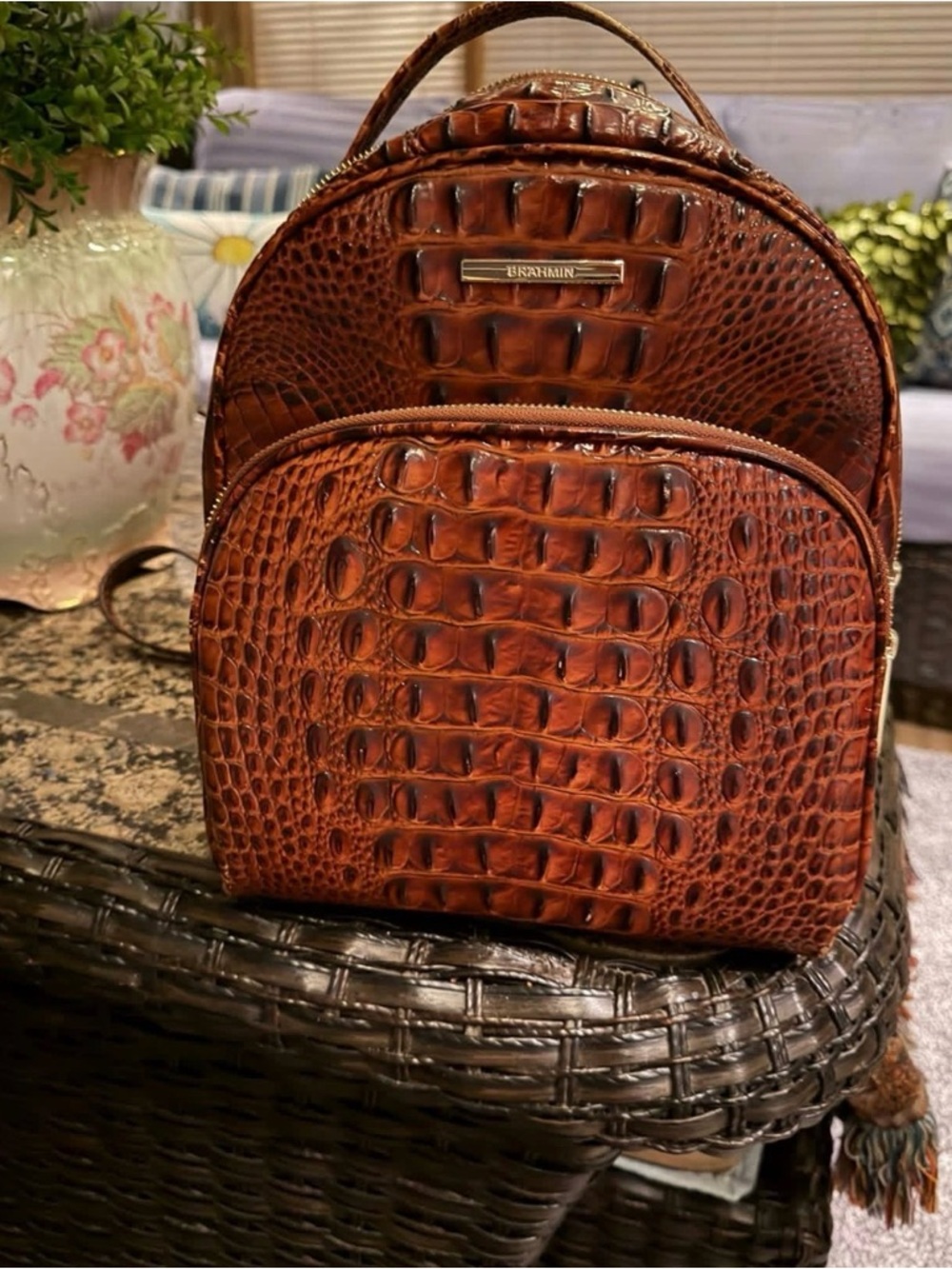 Brahmin Small Croc-Embossed Backpack in Rich Cognac Brown